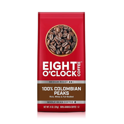 Eight O'Clock Coffee 100% Colombian Peaks Whole Bean Coffee, Medium Roast, 11 Ounce (Pack of 1) - Rich, Winey & Full Bodied