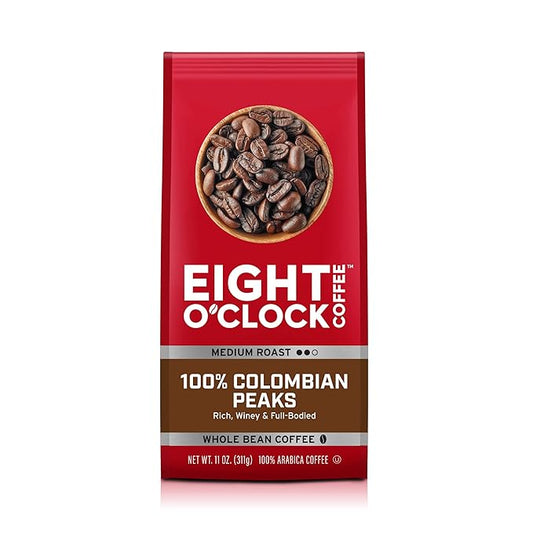 Eight O'Clock Coffee 100% Colombian Peaks Whole Bean Coffee, Medium Roast, 11 Ounce (Pack of 1) - Rich, Winey & Full Bodied