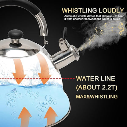 Tea Kettle, 3.1 Quart Whistling Tea Pot for Stove Top, Food Grade 304 Stainless Steel Teapot with for Coffee, Tea, Milk etc