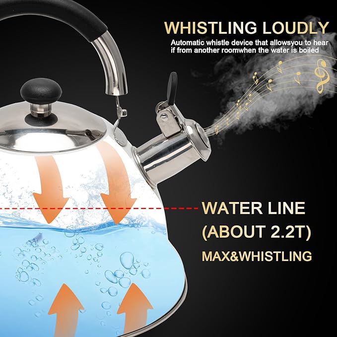 Tea Kettle, 3.1 Quart Whistling Tea Pot for Stove Top, Food Grade 304 Stainless Steel Teapot with for Coffee, Tea, Milk etc