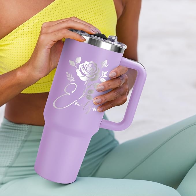 Personalized 40 oz Tumbler with Handle and Straw, Custom Tumbler with Engraved Name, Stainless Steel Travel Coffee Mug Cup, Personalized Gifts For Women Men Birthday Anniversary Christmas