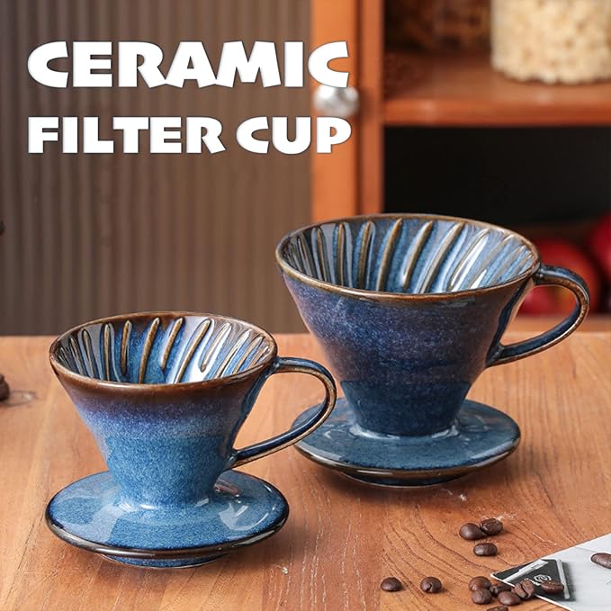 Ceramic Coffee Dripper Filter 60 Angle Tapered 02-4Cup Pour Over Coffee Ceramic Hand Brew Outdoor Cup Retro Filter Set Reusable Portable Coffee Maker (2/4 People Large - Sky Blue)