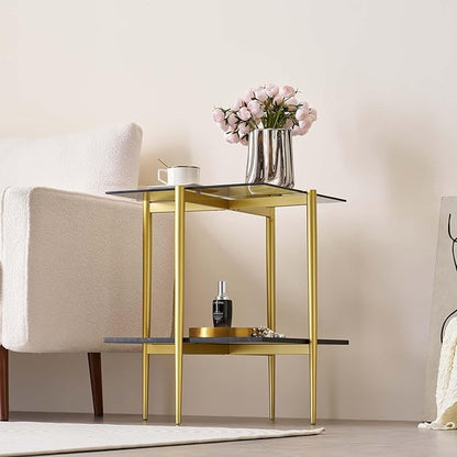 Glass End Table, Mid-Century Modern Design Sofa Table, for Living Room, L18 x W18 x H23 in, Clear Glass Top and Walnut MDF Shelf, Sleek Conical Metal Legs with Gold Finish Frame