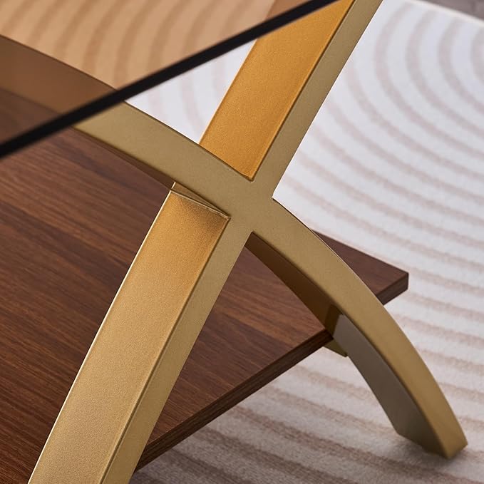 Coffee Table for Living Room and Bedroom, 2-Tier Mid-Century Modern Table with Amber Tempered Glass Top and Walnut Finish Wood Shelf, Strong Metal Legs with Gold Finish