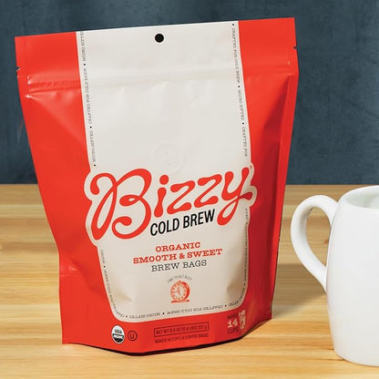 Bizzy Organic Cold Brew Coffee | Smooth & Sweet Blend | Coarse Ground Coffee | Medium Roast | Micro Sifted | Specialty Grade | 100% Arabica | Brew Bags | 4 Count | Makes 14 Cups