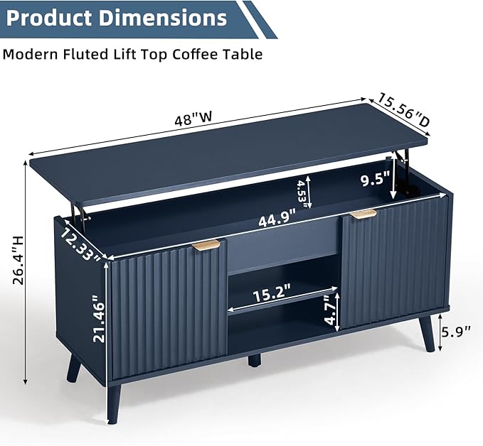 LEYAOYAO 48" Fluted Lift Top Coffee Table with Hidden Storage & Adjustable Shelves, Lifting Tabletop Large Rectangular Coffee Tables, Mid Century Modern Wood Center Table for Living Room, Nave Blue