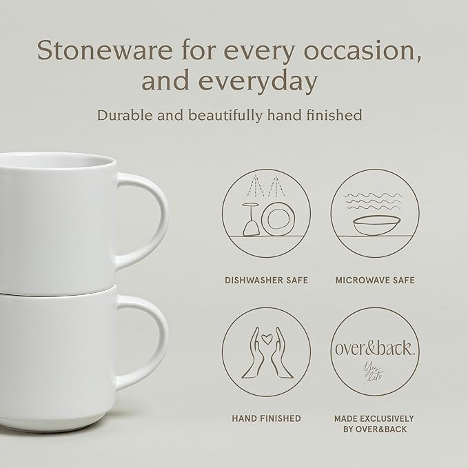 over&back Coffee Mugs Set of 4 – 14oz Ceramic Coffee Mug for Tea, Latte & More – Stackable Stoneware Coffee Cups with Semi-Matte White Finish – Durable & Stylish Drinkware