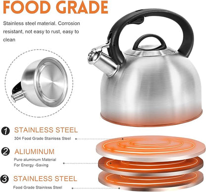 Whistling Stovetop Tea Kettle, 3L Food-Grade 304 Stainless Steel Teapot, Ergonomic Handle,Hot Water Quick Boil,All Metal Stove Kettle Rust Resistant and Durable,With Anti-Scald Towel(Silver)