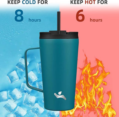 Insulated Tumbler with Handle and Straw, 18 OZ Travel Coffee Mug Stainless Steel Cup Metal Water Bottle,Blue