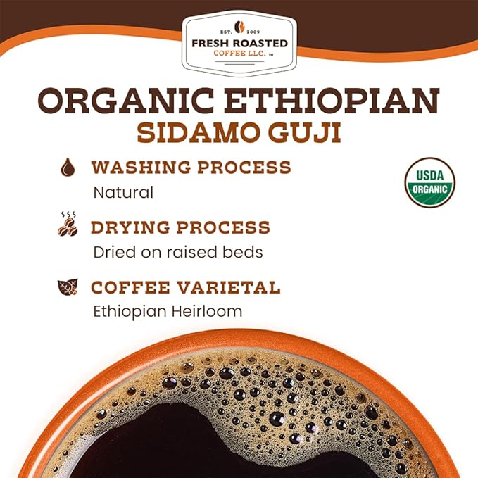 Fresh Roasted Coffee, Organic Ethiopian Sidamo Natural | USDA Organic, 100% Single Origin, Kosher | Light Roast 72 Pods for K Cup Brewers