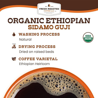 Fresh Roasted Coffee, Organic Ethiopian Sidamo Natural | USDA Organic, 100% Single Origin, Kosher | Light Roast 72 Pods for K Cup Brewers