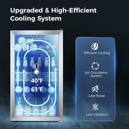 Kismile 3.2 Cu.ft Beverage Refrigerator and Cooler,130 Can Mini Fridge Glass Door,Digital Temperature Display for Soda, Beer or Wine, Small Drink Dispenser Cooler for Home, Office or Bar(Silver)