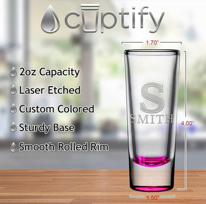 Personalized Shot Glasses Set of 2 Pink Bottom Custom 2 oz Cordial Shot Glass Initial and Name for Gifts, Weddings, Birthdays, Party, Event, Decorations