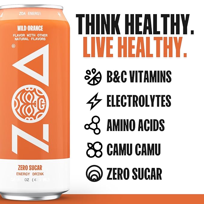 ZOA Zero Sugar Energy Drinks, Wild Orange - Sugar Free with Electrolytes, Healthy Vitamin C, Amino Acids, Essential B-Vitamins, and Caffeine from Green Tea - 16 Fl Oz (12-Pack)