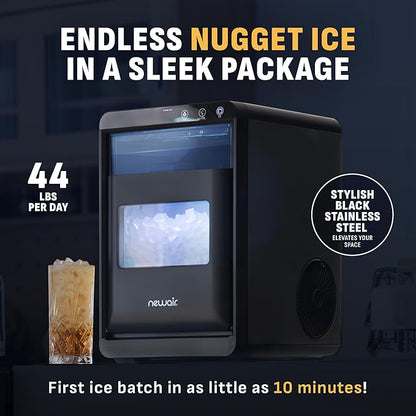Newair Nugget Ice Maker Countertop, 44 lbs in 24 Hours Ice Machine Nugget, Self Cleaning Ice Maker in Black Stainless Steel, Perfect for Home Bar, Kitchen Countertop, RV, Home Office