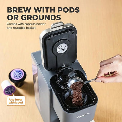 Single Serve Coffee Maker, Iced and Hot Coffee Machine for K Cup & Grounds, Compact Design, 40oz Removable Water Reservoir, 6 to 24 Oz Brew Sizes, Fits 7.3" Travel Mug, Gray