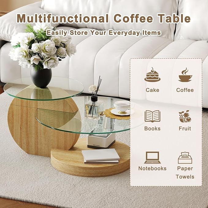 35 Inch Glass Coffee Table，Round Coffee Table with 2-Tier Tempered Glass Tabletop，Easy to Clean Circle Coffee Table with Sturdy Base for Living Room，Office (Wood-Colored Base)