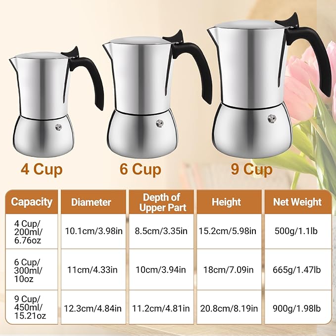 No Coating 9 Cup Thickened 304 Stainless Steel Moka Pot Stovetop Espresso Maker Italian Coffee Machine 450ml 15oz Suitable for Gas Induction Stovetop Greca Coffee Maker Percolator
