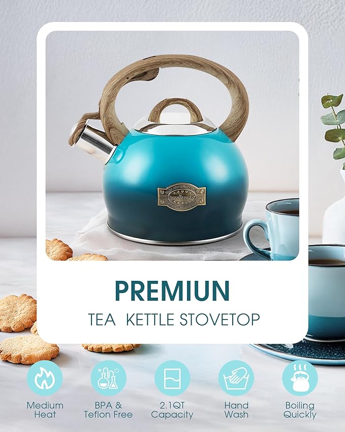 Tea Kettle, Whistling Stovetop Teapot Food Grade Stainless Steel Tea Kettles for Stove Top with Anti-hot Ergonomic Handle,Kettle Spout for Tea, Coffee or Milk, 2.1 Quart Tea Pots