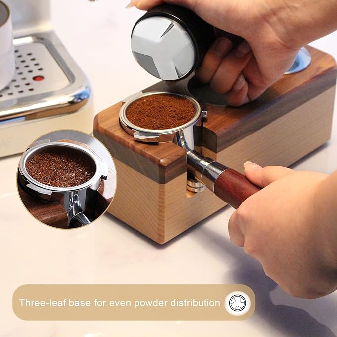 Espresso Distributor Stainless Steel Coffee Distribution Tool,Adjustable Depth Espresso Distributor Leveler with Walnut Wood,3 Angled Slopes Adjustable Palm Espresso Distributor Tool