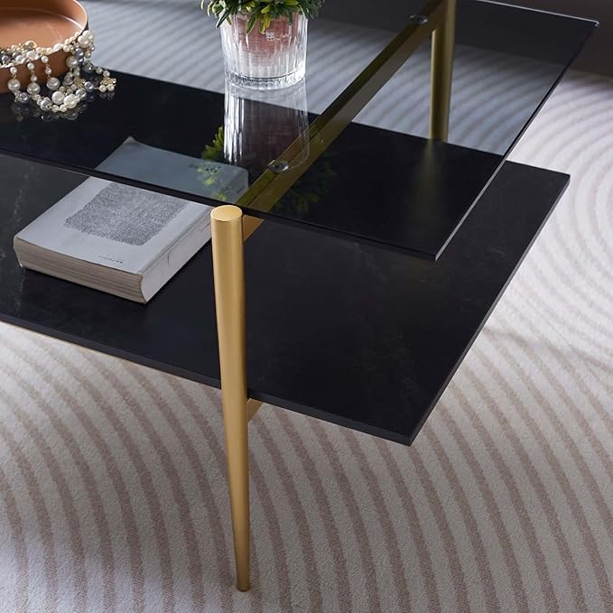 Rectangle Coffee Table for Living Room, Mid-Century Modern Design, L41 x W21 x H17, 2-Tier Structure, Clear Glass Top and Black Marble Wood Shelf, Conical Metal Legs with Gold Finish