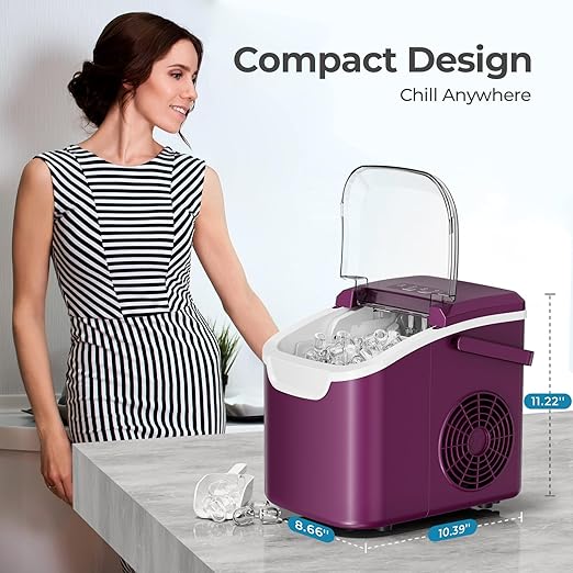 Countertop Ice Maker, 26 lbs/Day ice Production, 2 Sizes, 8 ice Cubes in 6 Minutes - Portable Mini, Energy Efficient, with Basket/Scoop for Home/Party/Travel/Camping/Bar