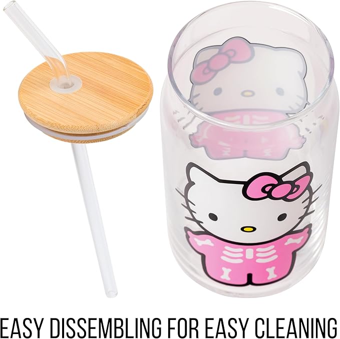 Silver Buffalo Sanrio Hello Kitty Halloween Spooky Skeleton Glass Jar Tumbler with Bamboo Lid and Glass Straw, 16 Ounces