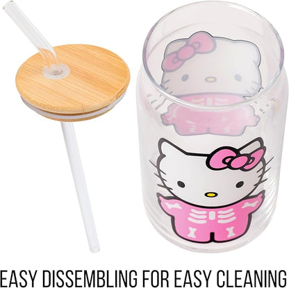 Silver Buffalo Sanrio Hello Kitty Halloween Spooky Skeleton Glass Jar Tumbler with Bamboo Lid and Glass Straw, 16 Ounces