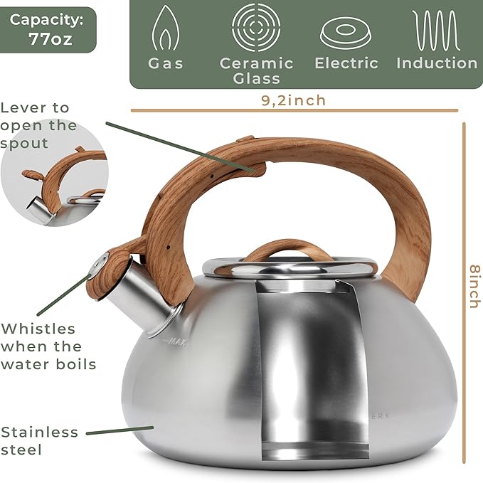 WALDWERK Tea Kettle Stovetop (2.4 Quart) - Teapot for Stovetop - also for Induction and Gas Stoves - Stainless Steel Tea Kettle - Whistling Tea Kettle for Stove Top