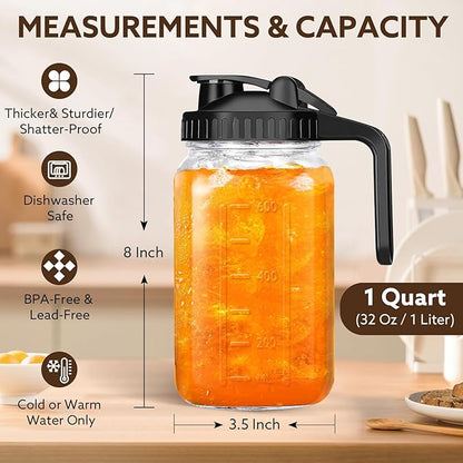 Breast Milk Pitcher, 32 OZ Mason Jar Pitcher with Lid Double Leak Proof,1 Quart Breastmilk Storage Containers for Fridge, Glass Jug for Sun Tea, Juice, Cold Brew Coffee