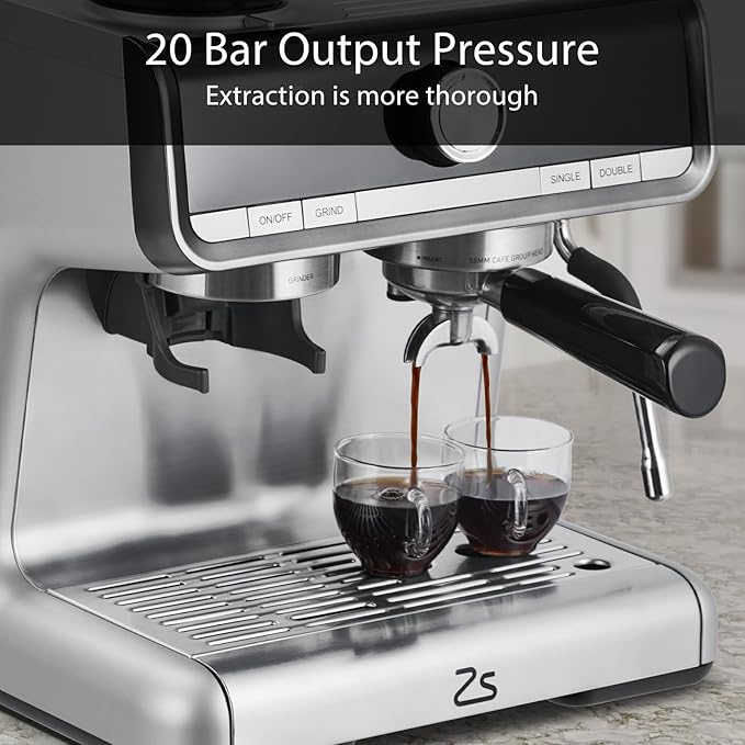 20 Bar Espresso Machine ，with Built-in Grinder & Milk Frother, Professional Stainless Steel Coffee Maker for Home, Café-Quality Latte & Cappuccino