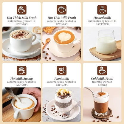 Milk Frother, 6-in-1 Electric Milk Frother and Steamer, 8.5oz/250ml Hot and Cold Foam Maker and Milk Warmer with Auto Shut-Off & Screen Display for Latte, Cappuccinos, Macchiato, Coffee (White)