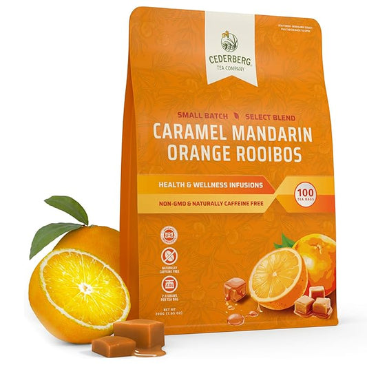 Cederberg Tea Company Caramel Mandarin Orange Rooibos Tea Bags - Made with Organic Red Rooibos Tea, South African Herbal Tea, Naturally Caffeine Free Tea, Small Batch - Select Blend Non-GMO, Premium Leaf, Antioxidant-Rich, 100 Count