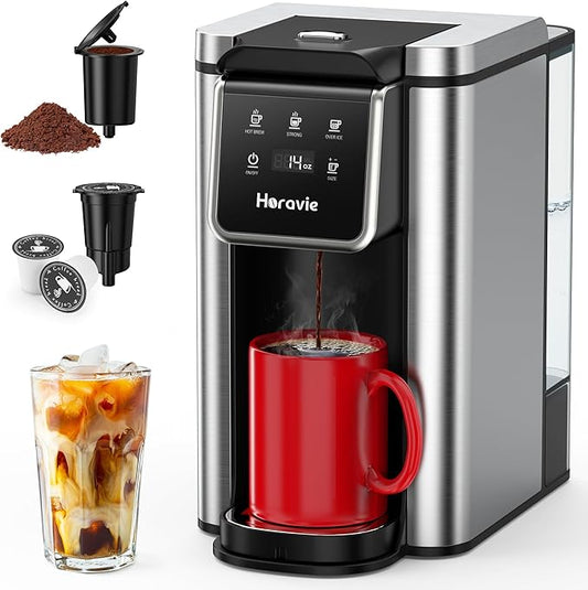 Single Serve Coffee Maker for K-Cup Pod and Grounds, Hot and Iced Coffee Maker, Strong Button Feature, 6 to 14oz Brew Sizes, 50oz Removable Reservoir, Up to 6.5 Inch Cup, Stainless Steel, Black