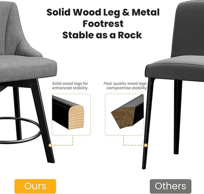 Swivel Bar Stools with Backs, 24" Counter Height Bar Stools Set of 6, Fabric Upholstered Counter Barstools with Solid Wood Legs for Kitchen Island, Home Bar, Dark Gray