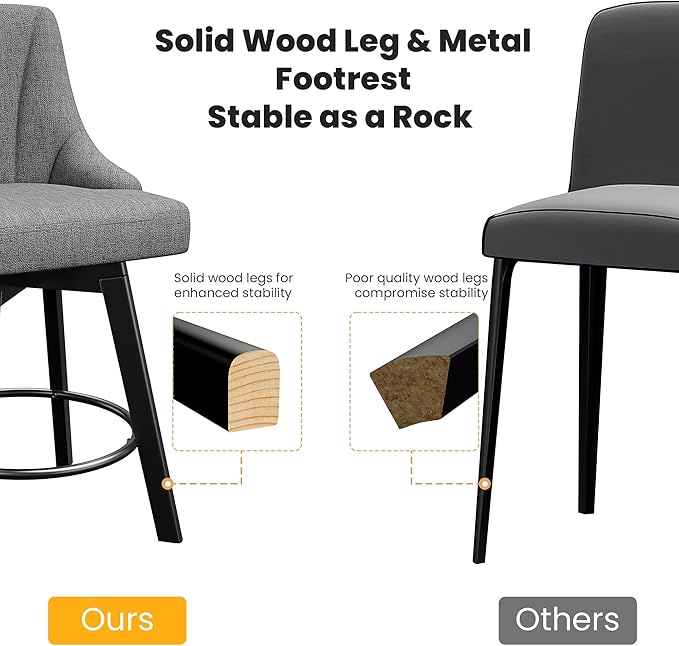 Swivel Bar Stools, 24" Counter Height Barstools, Fabric Upholstered Counter Bar Stools with Solid Wood Legs for Kitchen Island, Home Bar, Dark Gray