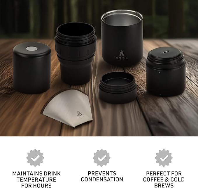 Nest Pour Over Coffee Kit | Coffee Maker for Camping | All-In-One Travel Pour Over | Transportable Dripper, Two 10oz Stainless Steel Travel Mugs | Compact Storage & Adventure Ready | Black