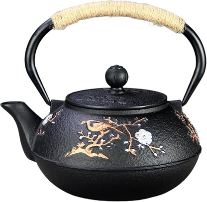 Cast Iron Teapot SECHUDO Teapot for Stovetop Safe Coated with Enameled Interior,Japanese Beautiful Tea Kettle with Stainless Steel Infuser for Loose Tea (30.4oz Plum Blossoms and Bird Pattern)