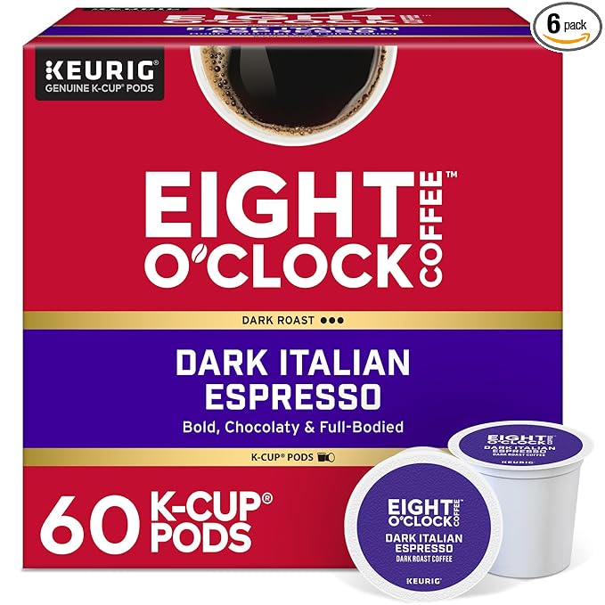 Eight O'Clock Coffee Dark Italian Roast, Keurig Single Serve K-Cup Pods, Dark Roast, 60 Count (6 packs of 10)