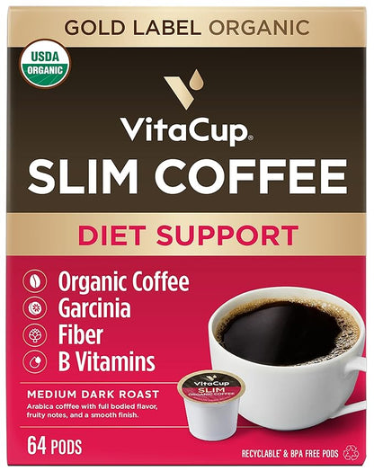 VitaCup Slim Organic Coffee Pods, Diet Support with Ginseng, Garcinia, B Vitamins, Bold Medium Dark Roast, Single Serve Pod, Compatible with Keurig K-Cup Brewers,64 Ct
