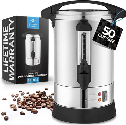 Zulay Commercial Coffee Maker Machine Urn - Large Percolator Pot Dispenser With Double-Wall Stainless Steel, Quick Brew, Stays Hot - Also for Water, Tea, Beverage at Events & Catering - 50 Cup Silver