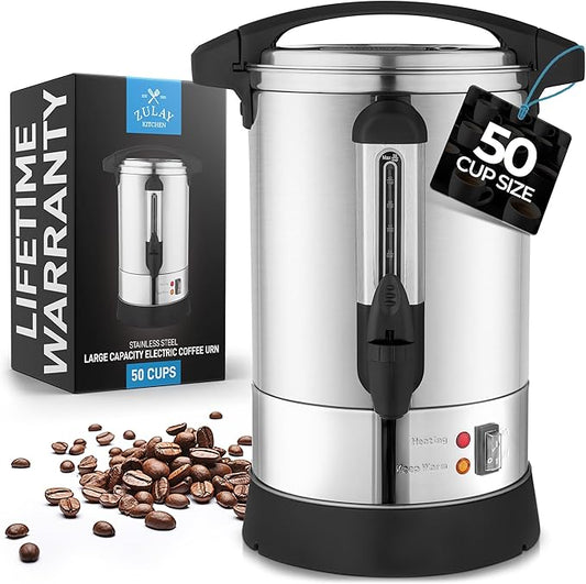 Zulay Commercial Coffee Maker Machine Urn - Large Percolator Pot Dispenser With Double-Wall Stainless Steel, Quick Brew, Stays Hot - Also for Water, Tea, Beverage at Events & Catering - 50 Cup Silver