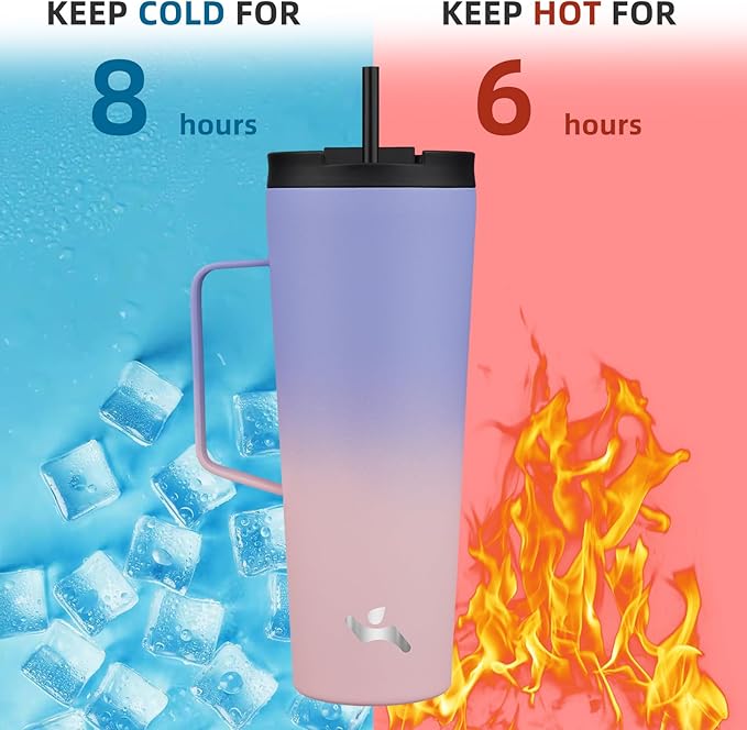 Insulated Tumbler with Handle and Straw, 26 OZ Travel Coffee Mug Stainless Steel Cup Metal Water Bottle,Pastel Sunset