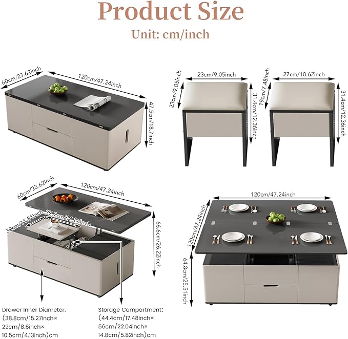 Lift Top Coffee Table with 4 Stools, 3 in 1 Multi-Function Center Table, Modern Lift Tabletop Coffee Table, Extendable Dining Table for Living Room (47.24 Inch)