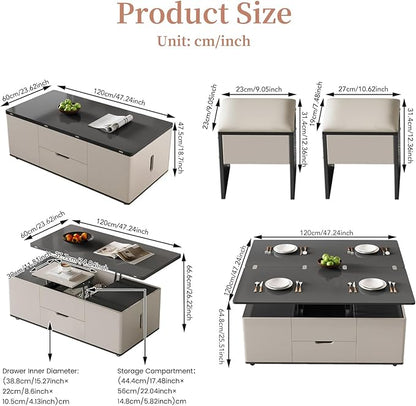 Lift Top Coffee Table with 4 Stools, 3 in 1 Multi-Function Center Table, Modern Lift Tabletop Coffee Table, Extendable Dining Table for Living Room (47.24 Inch)