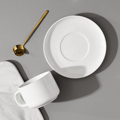 Coffee Cups and Saucers Set of 6 with Stainless Steel spoons, 8oz Ceramic Cappuccino Cups Set, White Durable Porcelain Cups for Tea, Espresso, Latte, Mocha