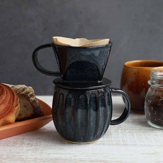 Asayu Japan Ceramic Coffee Pour Over Maker Set in Dark Navy Blue, Slow Brewing Paper Filter Holder and Dripper with 3 Holes for Coffee and Tea - Accessory Ceramic Mug