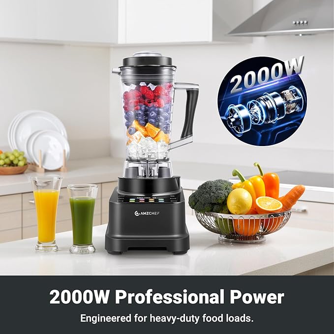 AMZCHEF 8-IN-1 Professional Blender, 2000 W Commercial Blenders for Kitchen with Timer, Innovative LED Touch Panel with 8 Preset Programs, 10 Speeds Blender for Shakes and Smoothies, 68 oz, Black