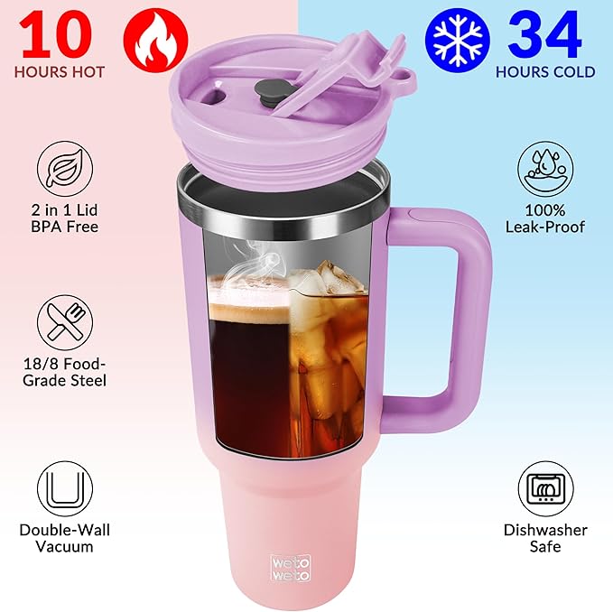 WETOWETO 40oz Tumbler with Handle | Insulated Stainless Steel Travel Mug | 34Hrs Cold & 10Hrs Hot Retention | 100% Leakproof Lid & Straw | Dishwasher Safe + Car Cup Holder Fit (Purple-Pink Gradient)