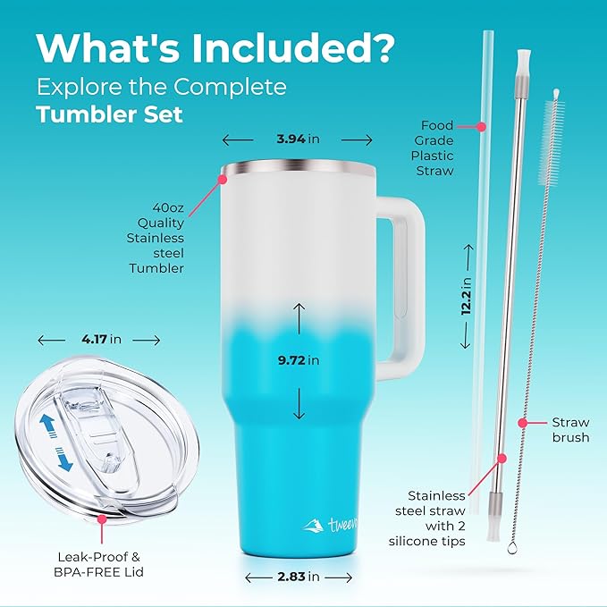 40 oz Tumbler With Handle and Straw Made of Stainless Steel - Double Wall Vacuum Insulated Tumbler With Lid - Sweat Proof Easy Grip, BPA-Free, Dishwasher Safe Tumbler (Blue & White)